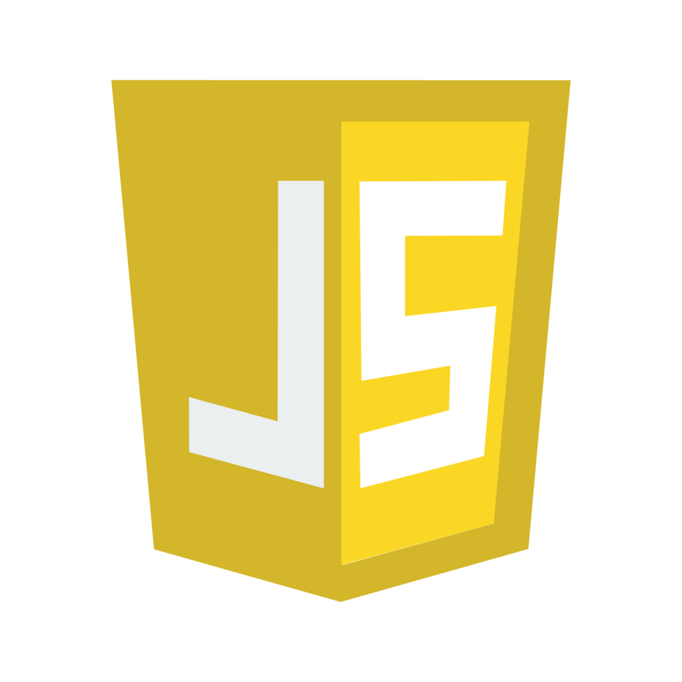 JavaScript logo featuring white stylized letters 'JS' on a yellow shield-shaped background.